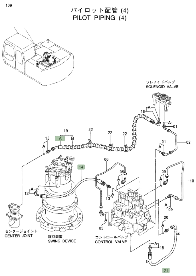 Hitachi EX160LC-5 installation diagram showing hydraulic hose 4334310 at Pipe No. 14