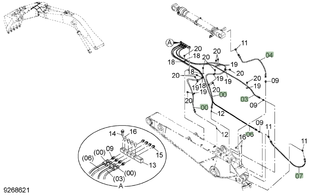 Hitachi ZX850LC-3 installation diagram showing hydraulic hose 4258882 at Pipe No. 0