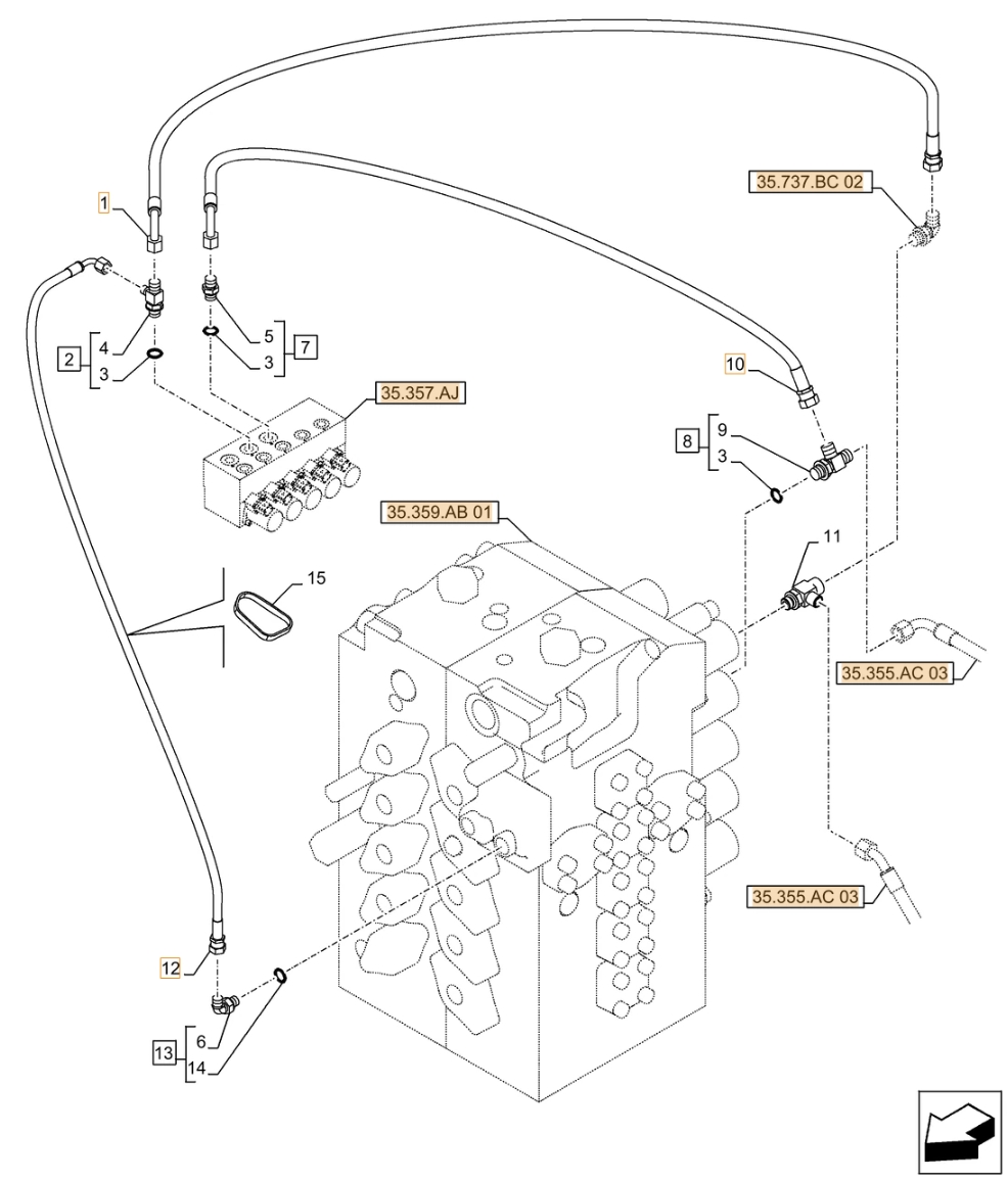 Case CX490D RTC installation diagram showing hydraulic hose KHJ2179 at Pipe No. 12
