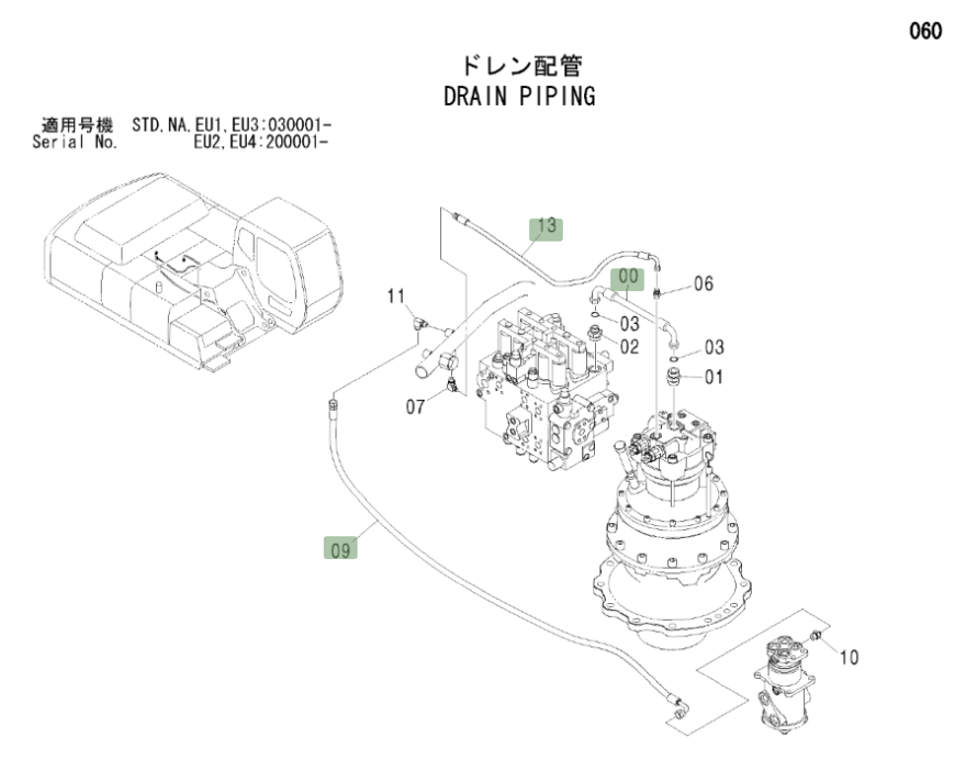 Hitachi ZX330LC installation diagram showing hydraulic hose 4313440 at Pipe No. 9