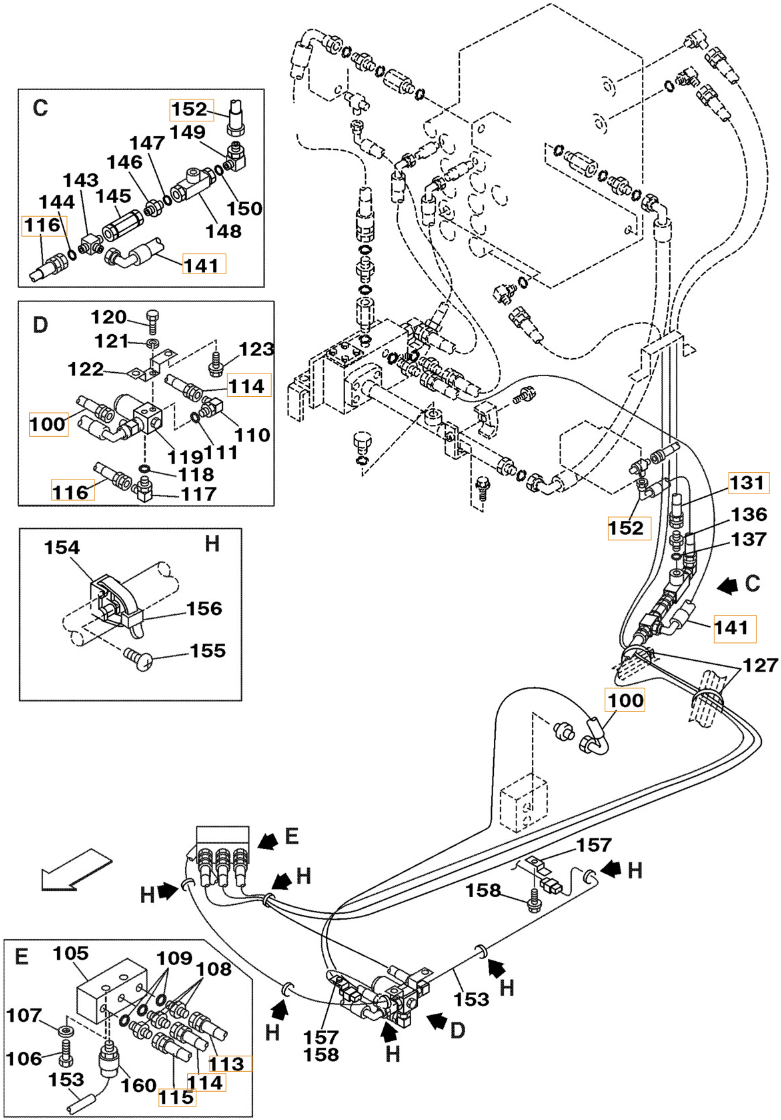 Case CX290 installation diagram showing hydraulic hose 159235A1 at Pipe No. 100