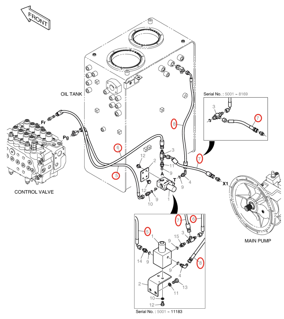 Doosan DX140W installation diagram showing hydraulic hose DS2093090 at Pipe No. 8