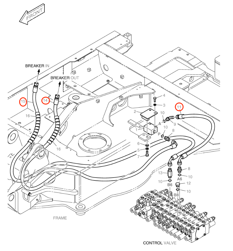 Doosan B55W-2 installation diagram showing hydraulic hose DS2093529 at Pipe No. 11