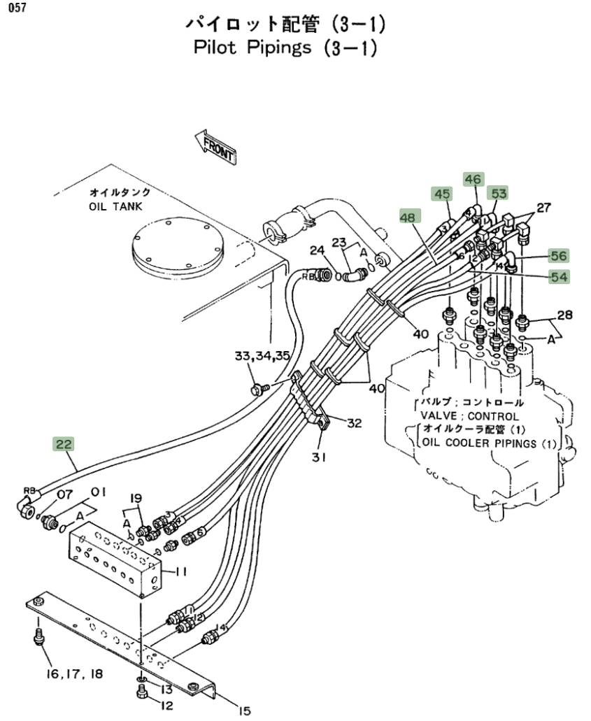Hitachi EX270LC installation diagram showing hydraulic hose 4203100 at Pipe No. 56