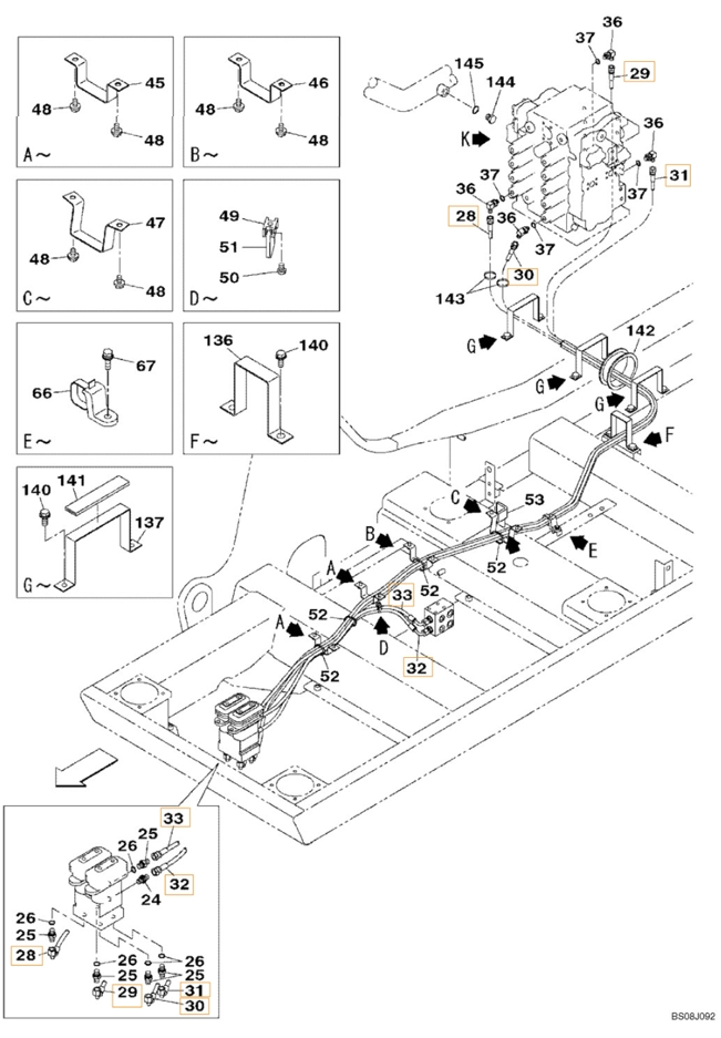 Case CX800B installation diagram showing hydraulic hose KHJ2249 at Pipe No. 32
