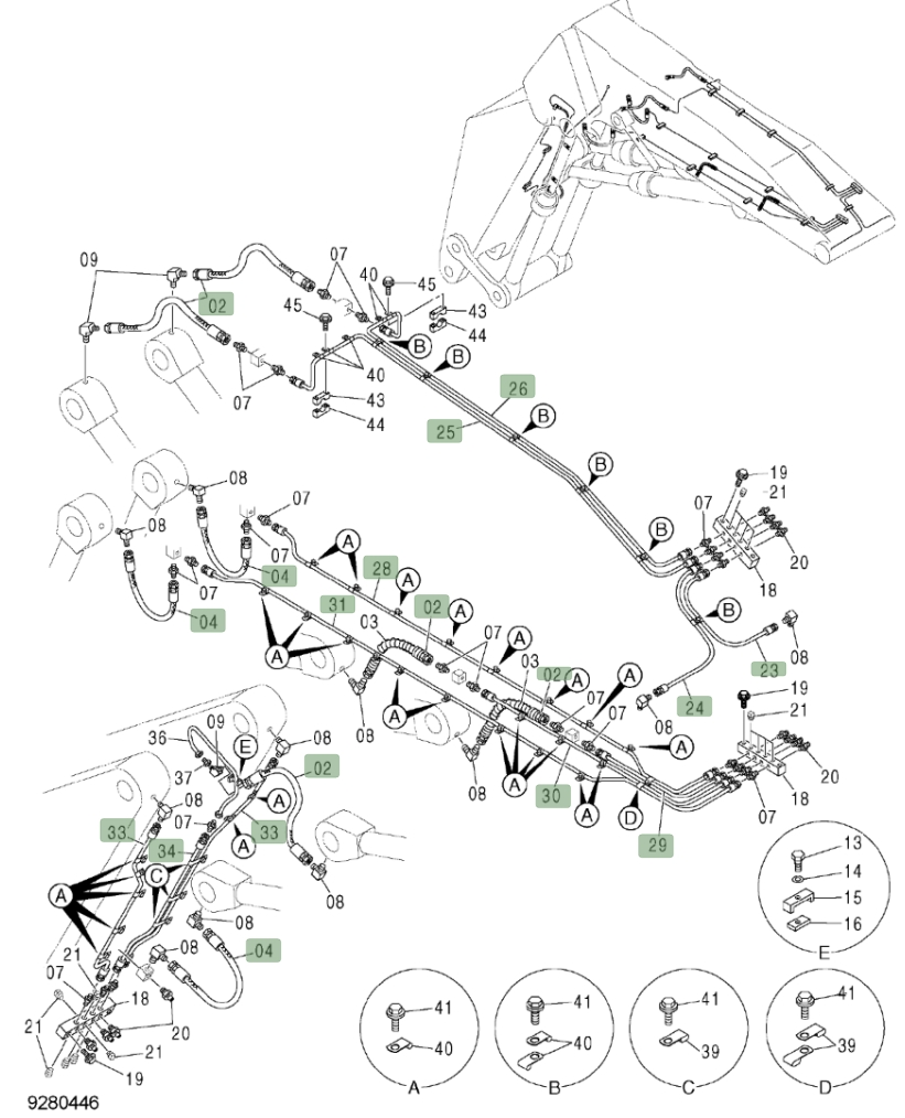 Hitachi ZX450LC-3 installation diagram showing hydraulic hose 4252837 at Pipe No. 26