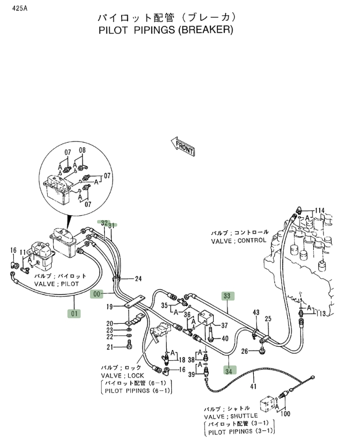 Hitachi EX400LC-3 installation diagram showing hydraulic hose 4210340 at Pipe No. 0