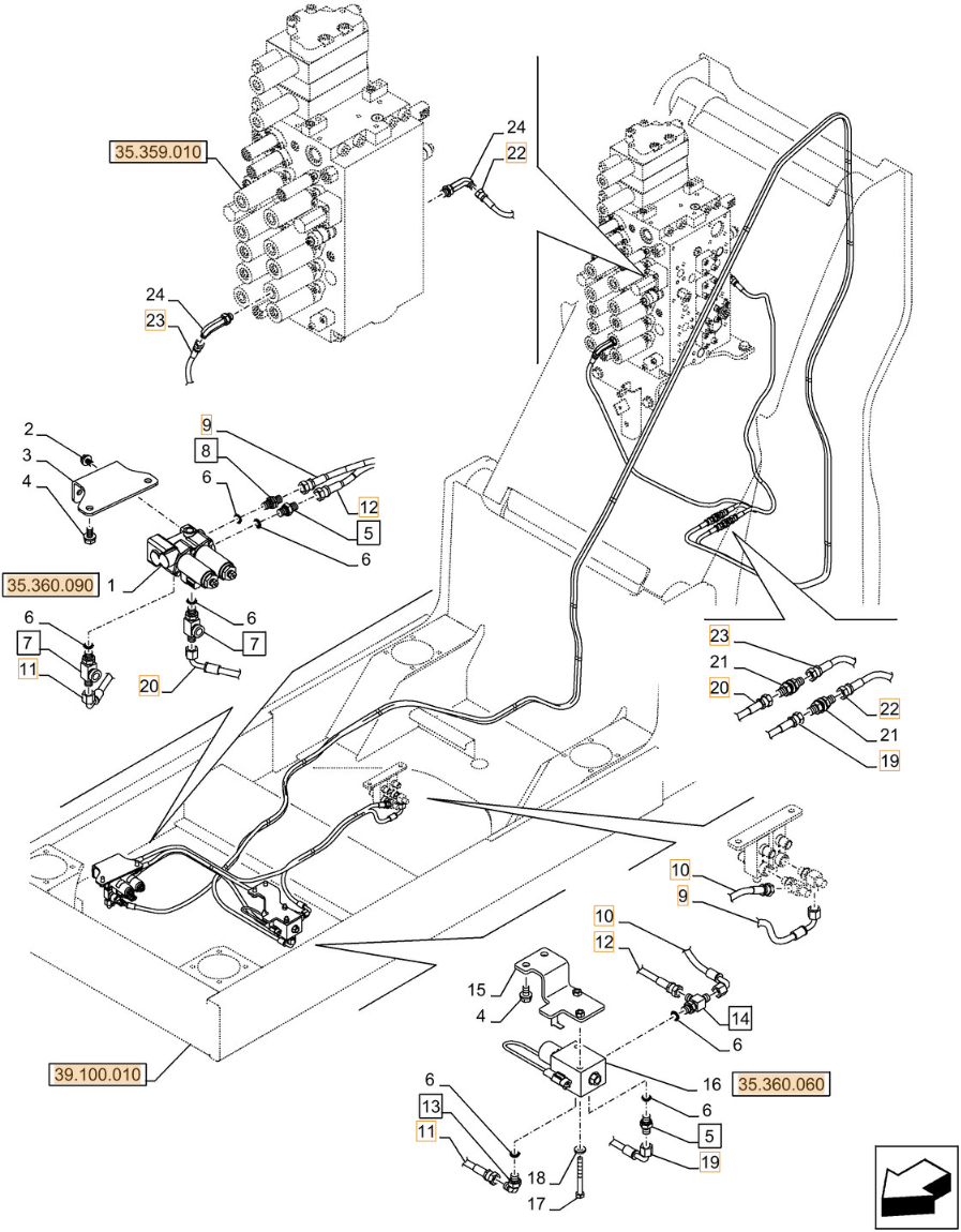Case CX290D LC MH installation diagram showing hydraulic hose KHJ2047 at Pipe No. 12