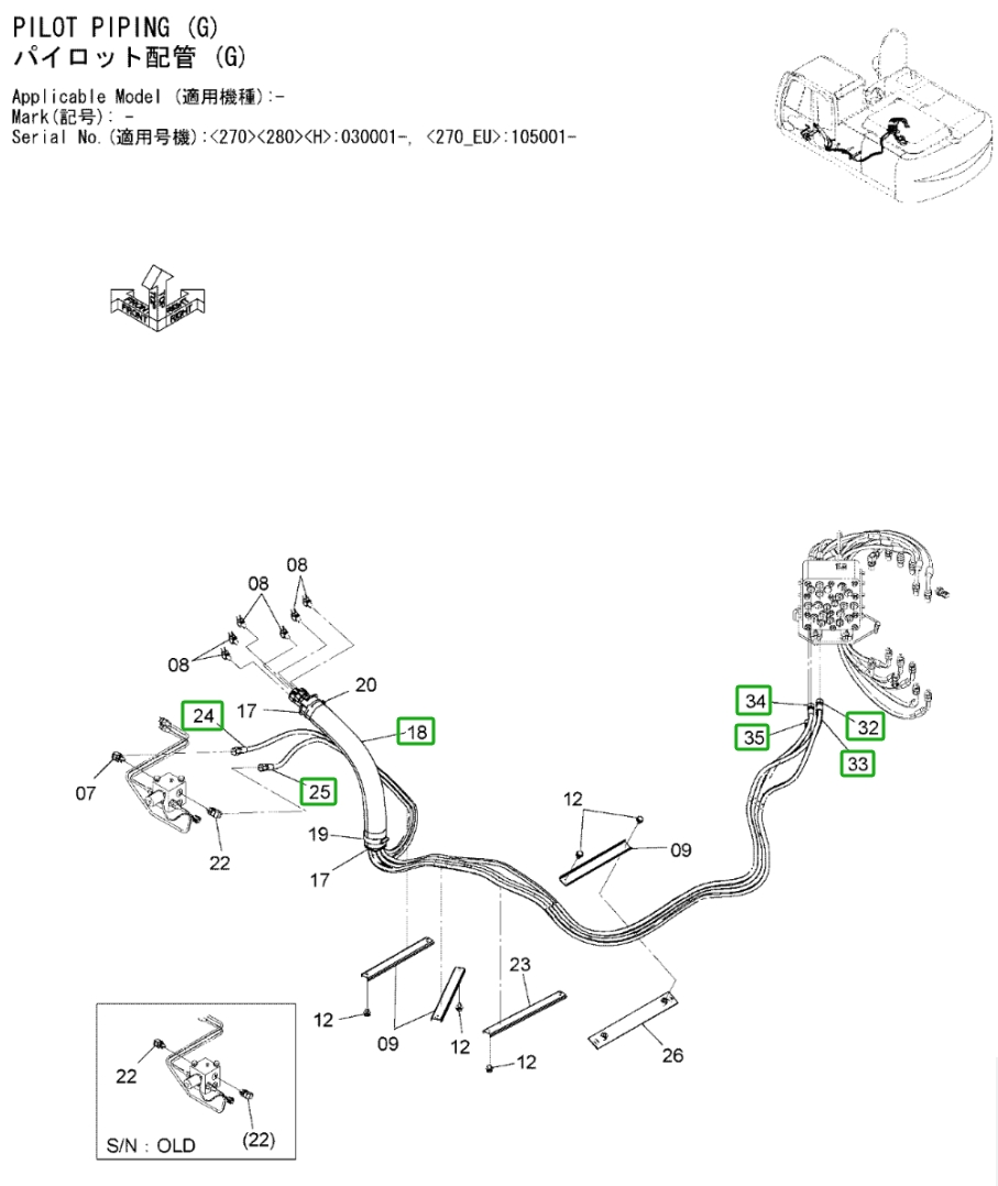 Hitachi ZX270LC-3 installation diagram showing hydraulic hose 4656029 at Pipe No. 34