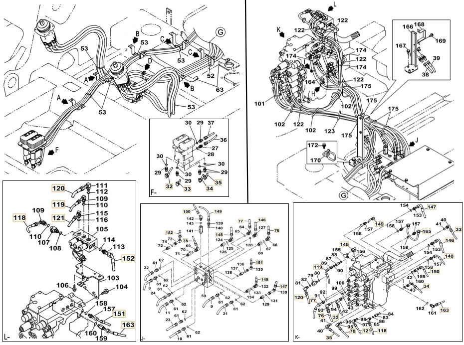 Case CX180C installation diagram showing hydraulic hose KHJ2310 at Pipe No. 121