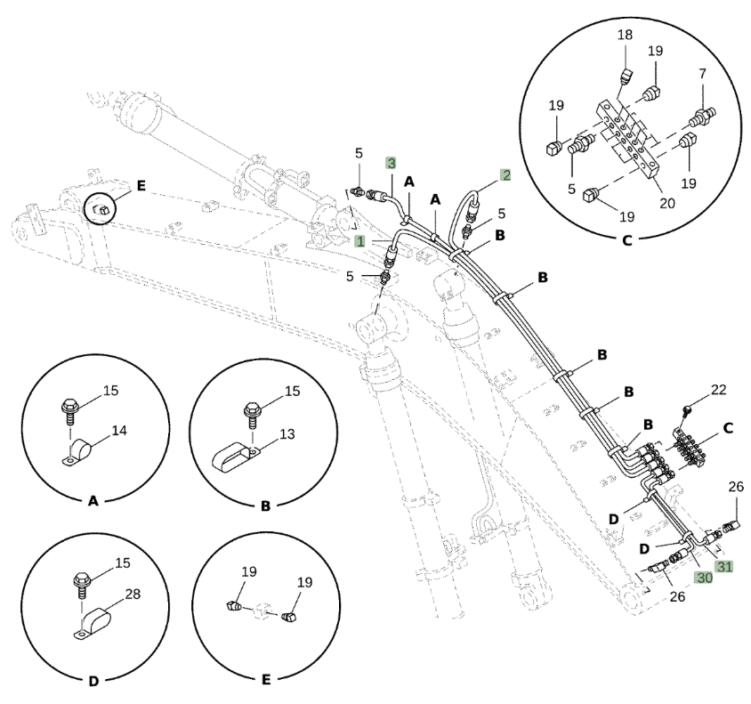 Hitachi ZX470LC-5G installation diagram showing hydraulic hose 4450779 at Pipe No. 31