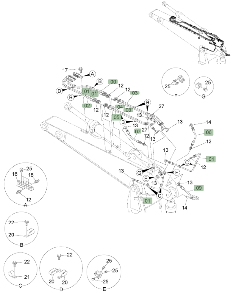 Hitachi ZX450LC-3 installation diagram showing hydraulic hose 4214424 at Pipe No. 7