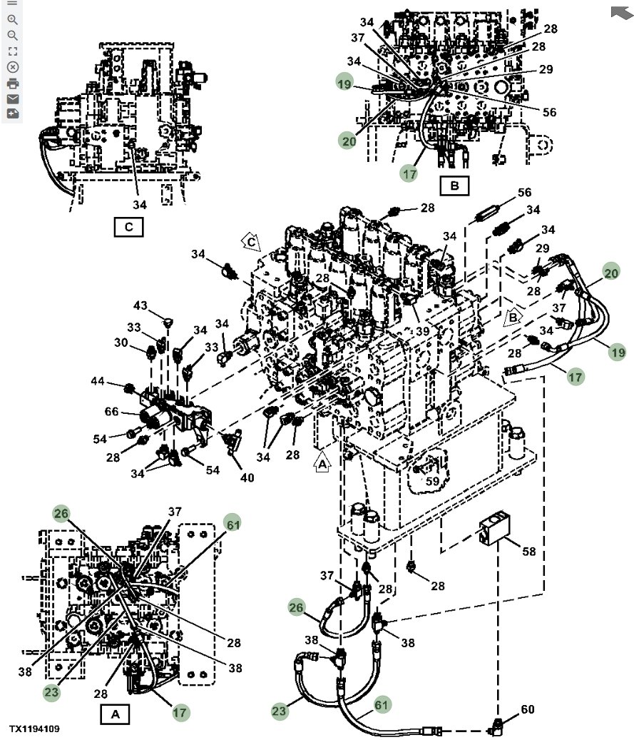 Hitachi ZX670LC-5A installation diagram showing hydraulic hose 4710438 at Pipe No. 61
