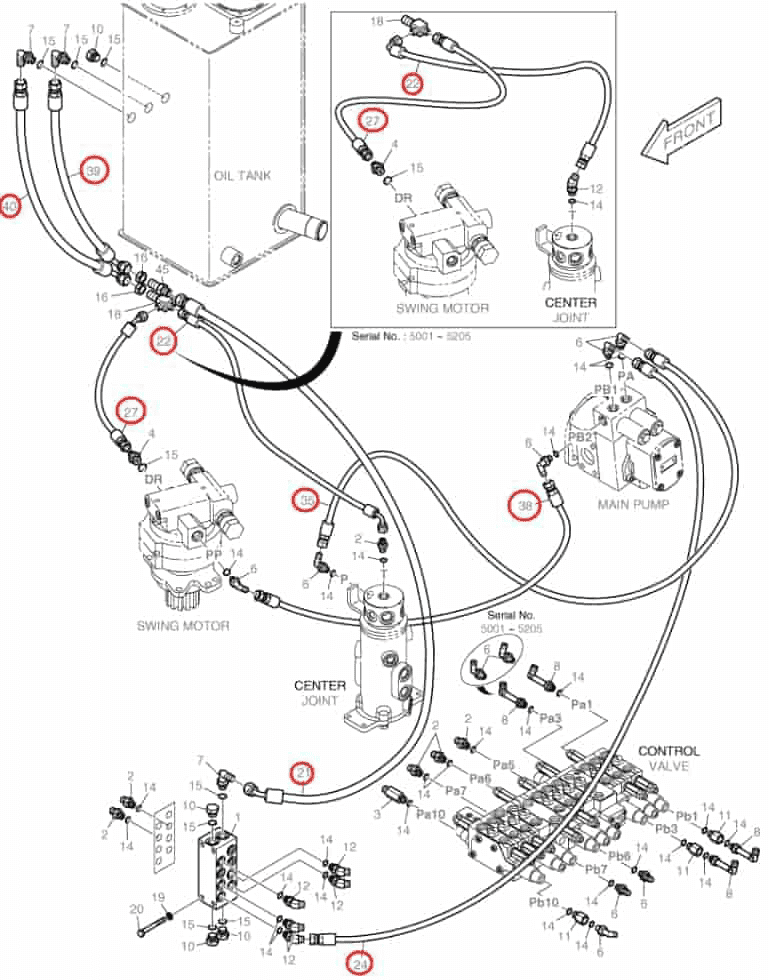 Doosan DX27Z installation diagram showing hydraulic hose DS2093300 at Pipe No. 40