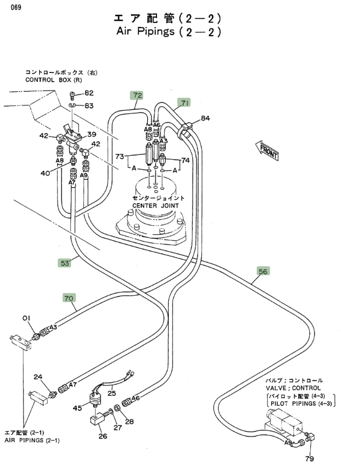 Hitachi EX100WD installation diagram showing hydraulic hose 4209724 at Pipe No. 70