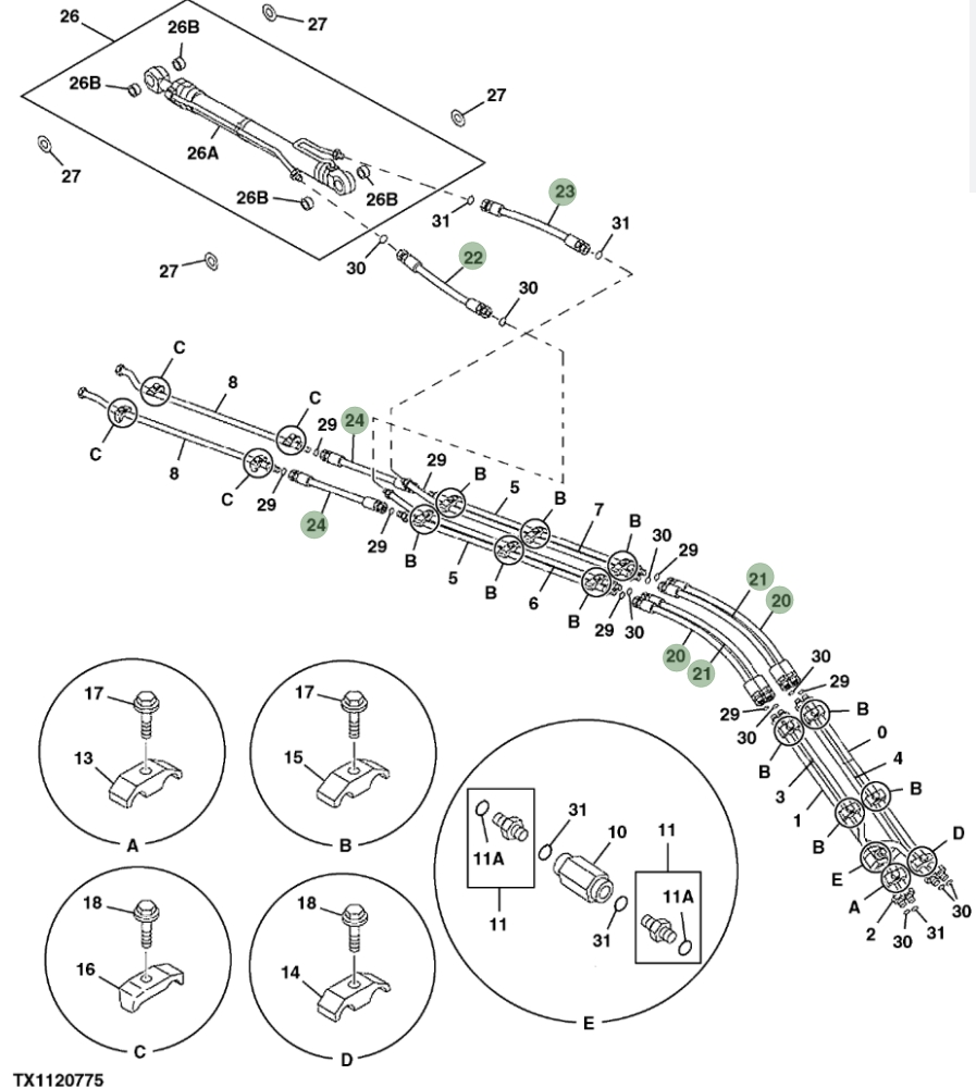 Hitachi ZX350LC-5G installation diagram showing hydraulic hose 4250888 at Pipe No. 22