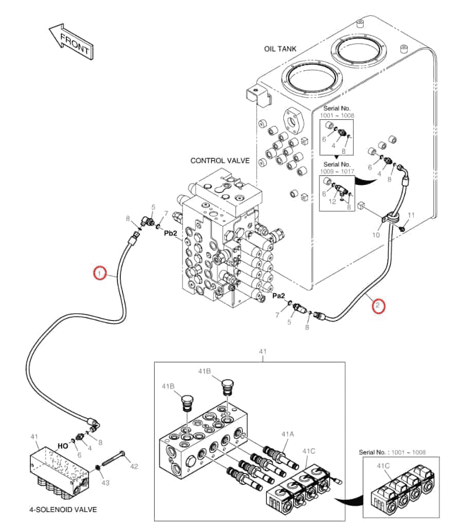 Doosan DX140W-3 installation diagram showing hydraulic hose DS2121011 at Pipe No. 2