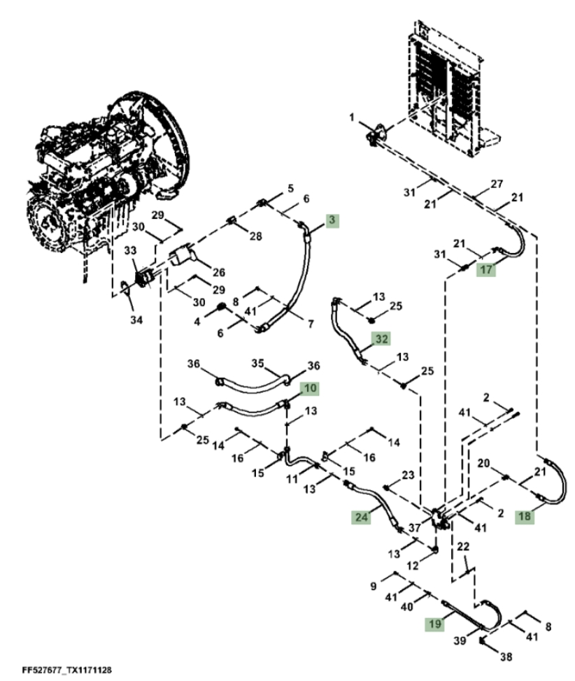 Hitachi ZX370F-FE-6N installation diagram showing hydraulic hose FF527444 at Pipe No. 3