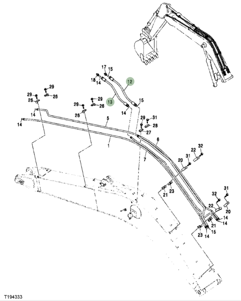 Hitachi ZX200F installation diagram showing hydraulic hose 4276956 at Pipe No. 12