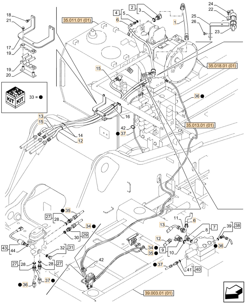 Case CX350C LC installation diagram showing hydraulic hose KHJ2089 at Pipe No. 34