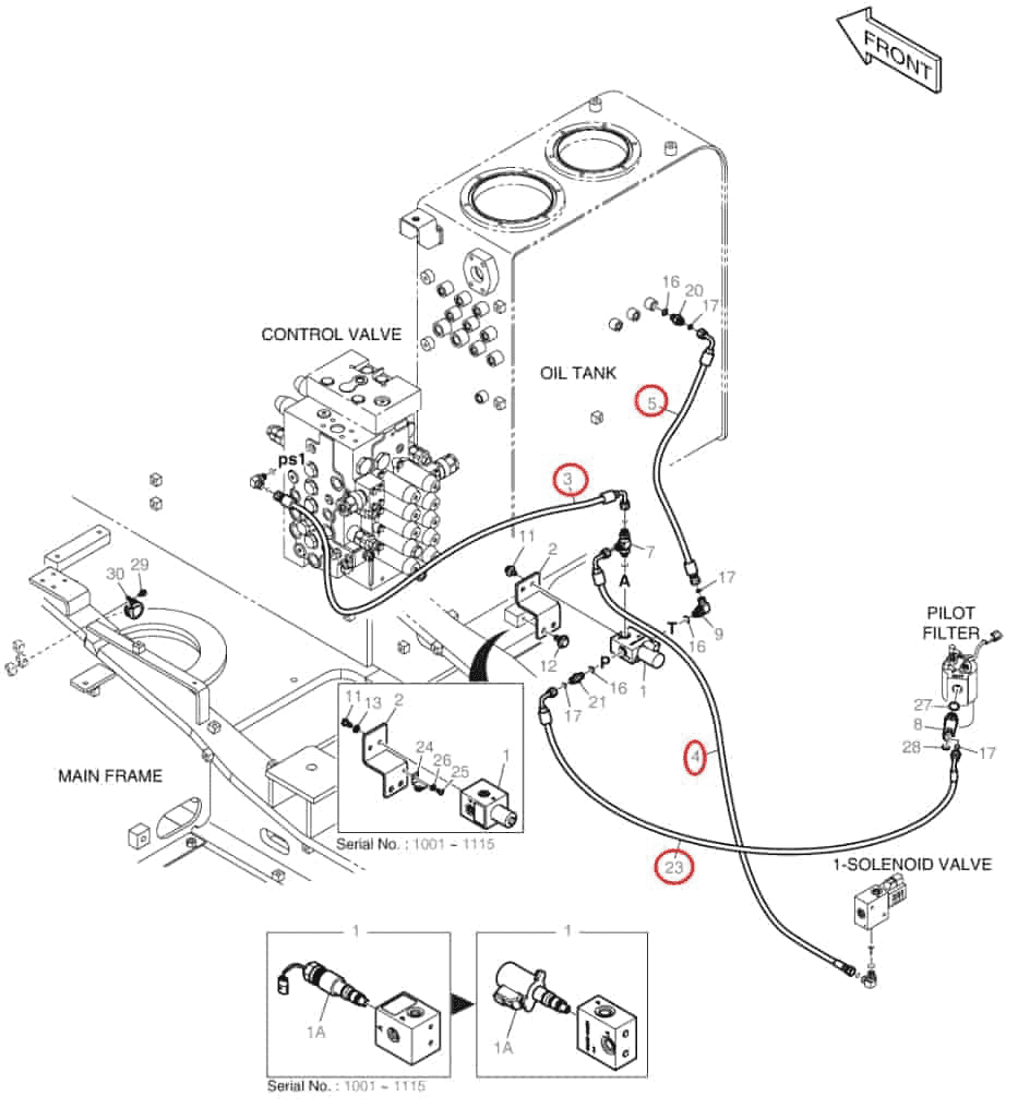 Doosan DX140W-3 installation diagram showing hydraulic hose DS2121103 at Pipe No. 3