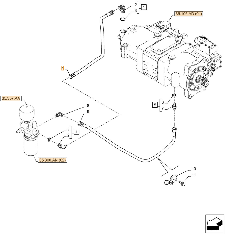 Case CX250D LC installation diagram showing hydraulic hose KHJ11520 at Pipe No. 9