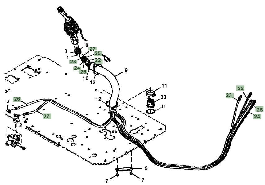 Hitachi ZX380LC-6N installation diagram showing hydraulic hose 4713022 at Pipe No. 27
