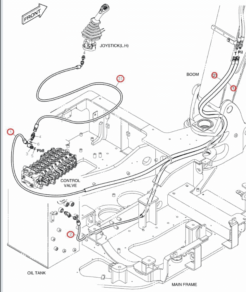 Doosan DX62R-3 installation diagram showing hydraulic hose DS2092308 at Pipe No. 1