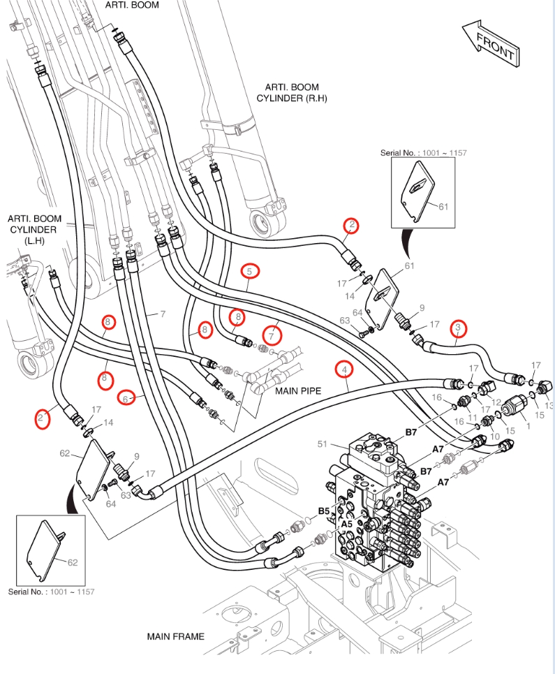 Doosan DX140LC-5 installation diagram showing hydraulic hose DS2013391 at Pipe No. 7