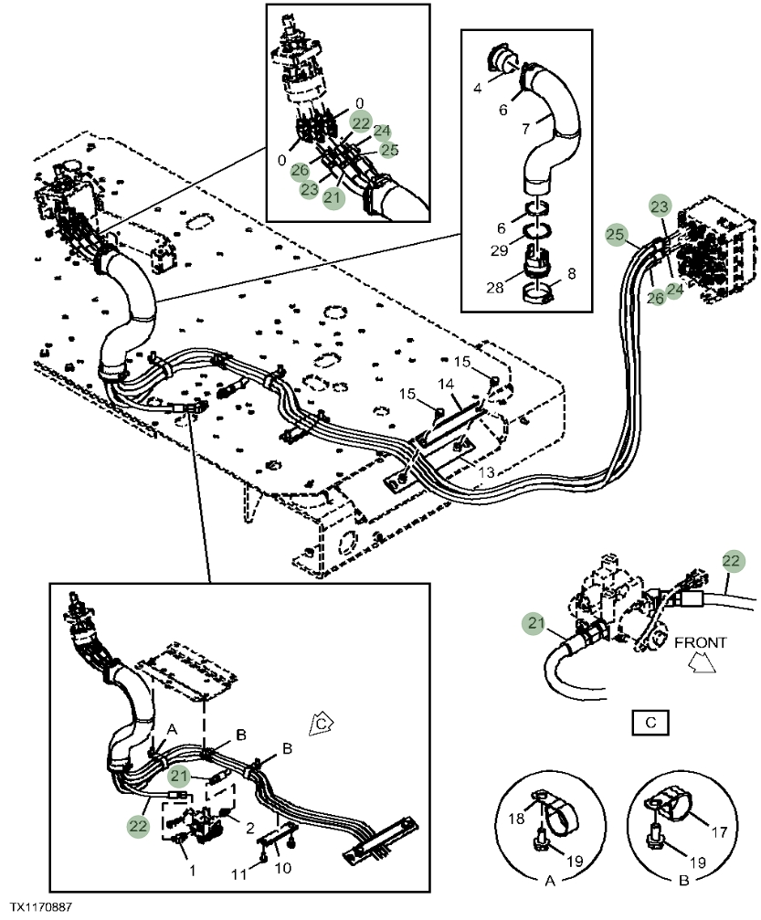 Hitachi ZX230W-5N installation diagram showing hydraulic hose 4681879 at Pipe No. 25