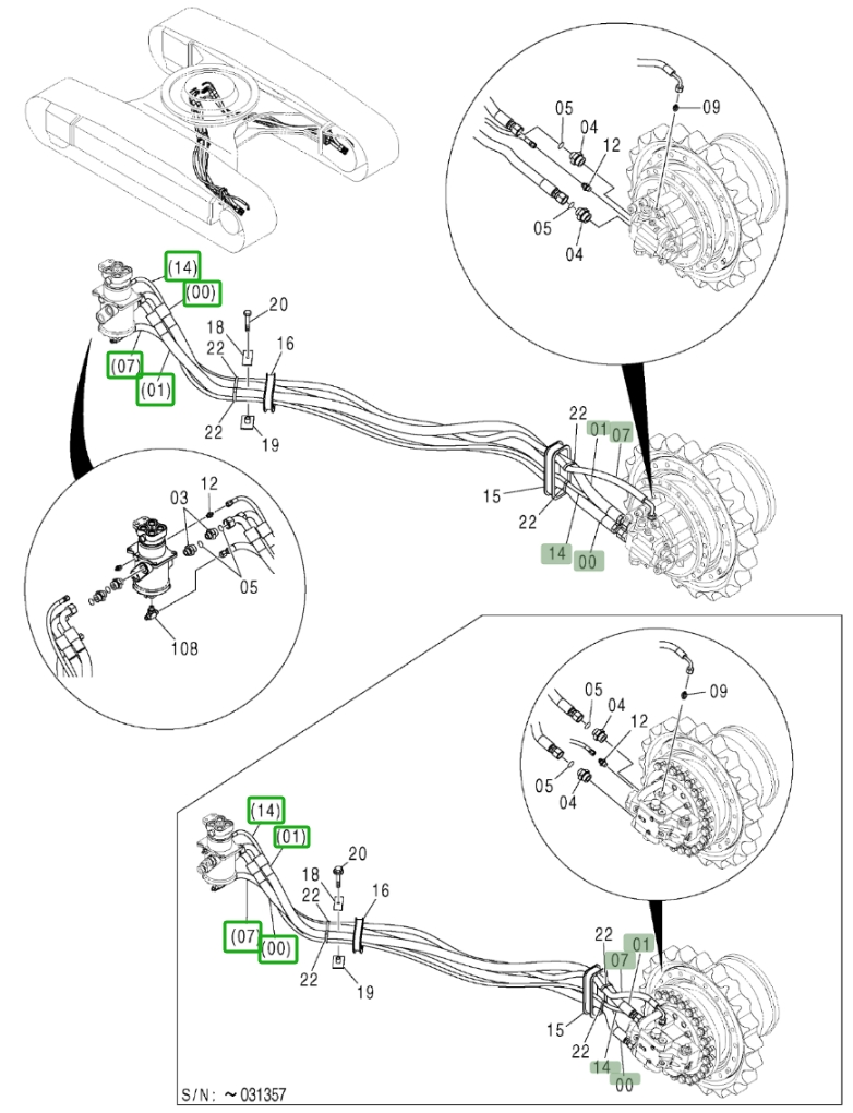 Hitachi ZX370 installation diagram showing hydraulic hose 4377482 at Pipe No. 0