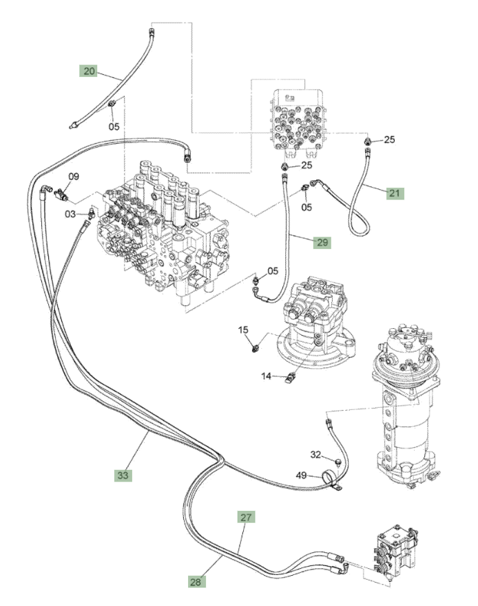 Hitachi ZX210W-3 installation diagram showing hydraulic hose 4657527 at Pipe No. 28