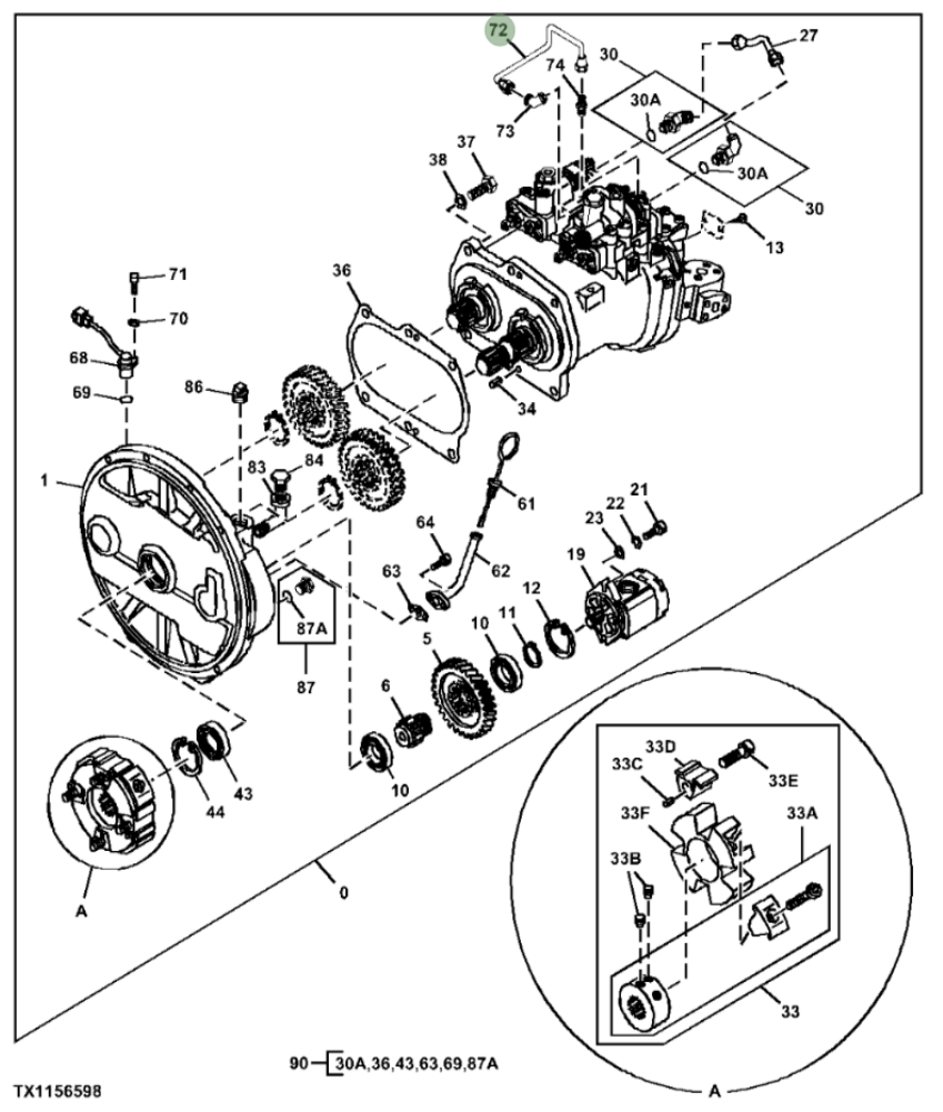 Hitachi ZX290F-3 installation diagram showing hydraulic hose 4234322-S at Pipe No. 72