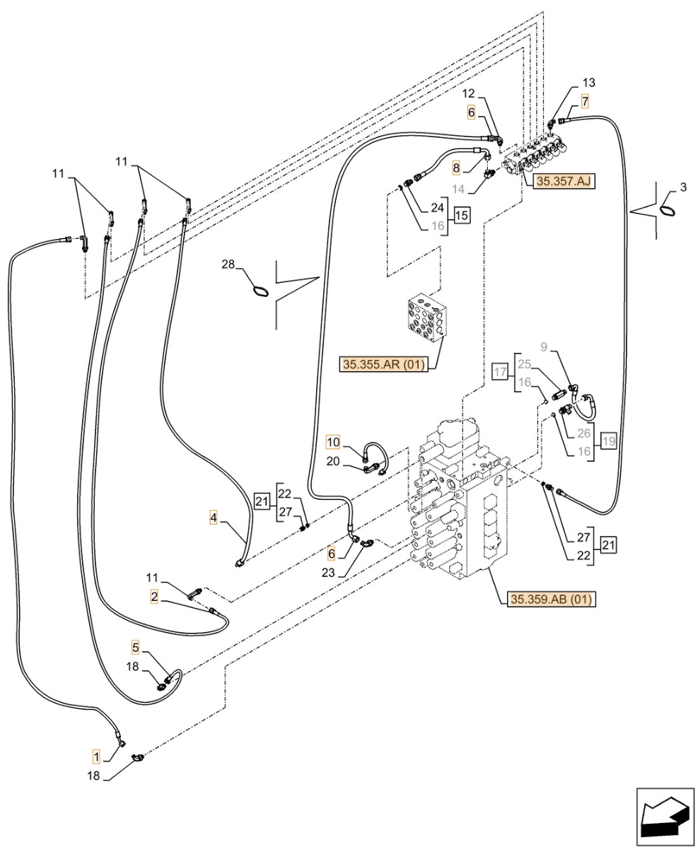 Case CX350D NLC installation diagram showing hydraulic hose KHJ2809 at Pipe No. 6