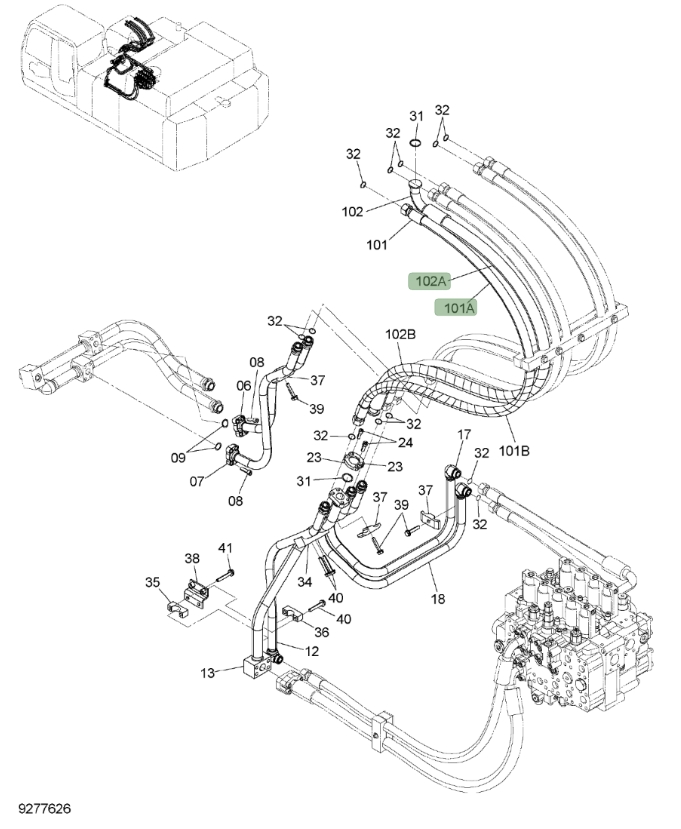 Hitachi ZX450LC-3 installation diagram showing hydraulic hose 4677448 at Pipe No. 101A