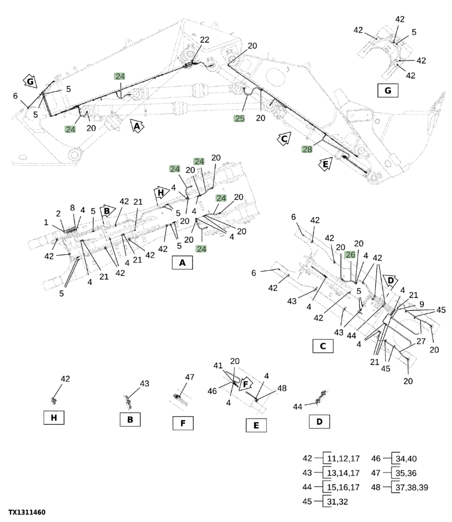 Hitachi EX1200-7 installation diagram showing hydraulic hose 4158042 at Pipe No. 25