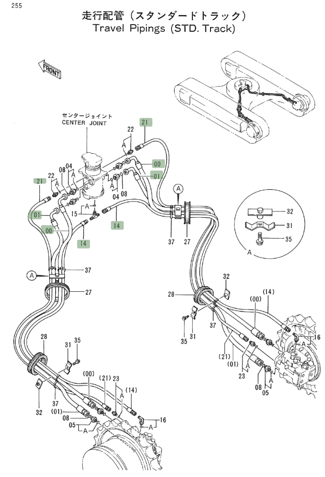 Hitachi EX200LC-2 installation diagram showing hydraulic hose 4239715 at Pipe No. 21