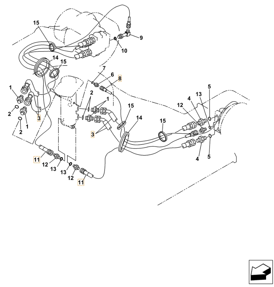 Case CX210C installation diagram showing hydraulic hose 165933A1 at Pipe No. 11