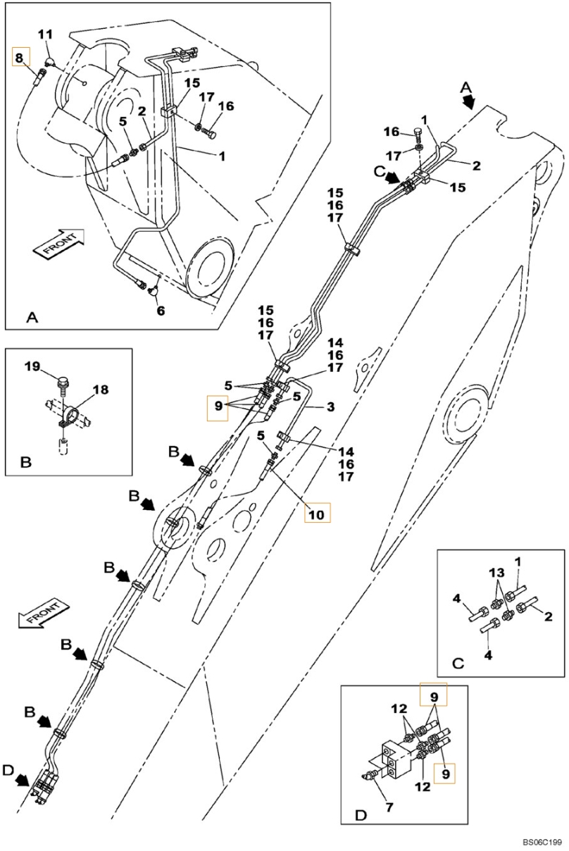 Case CX700B installation diagram showing hydraulic hose KHJ2048 at Pipe No. 8