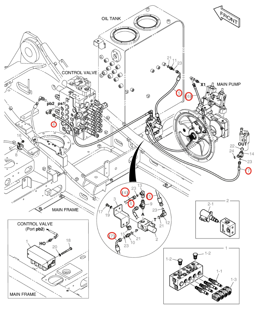 Doosan DX140W-5 installation diagram showing hydraulic hose DS2121137 at Pipe No. 5