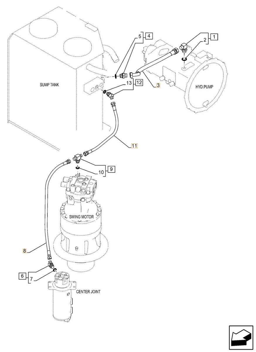 Case CX210C installation diagram showing hydraulic hose 163805A1 at Pipe No. 8