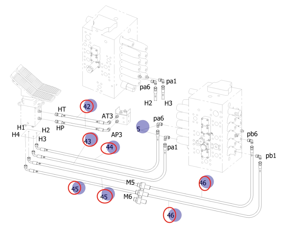 Sunward SWE155F installation diagram showing hydraulic hose 730502009585 at Pipe No. 46