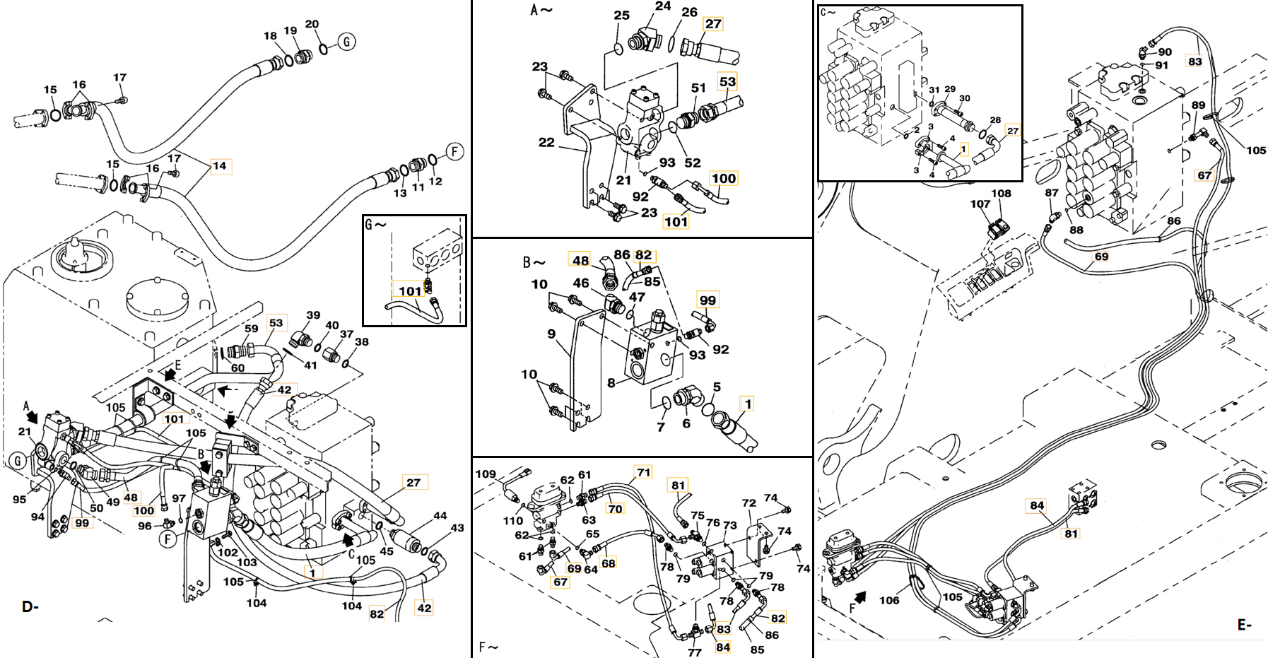 Case CX290B installation diagram showing hydraulic hose KHJ2086 at Pipe No. E84-F84
