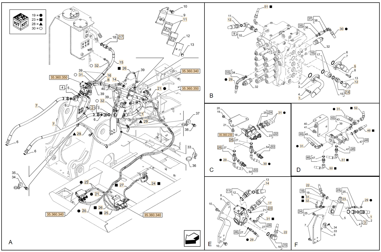Case CX130D LC installation diagram showing hydraulic hose KHJ2171 at Pipe No. A21-B30-C30