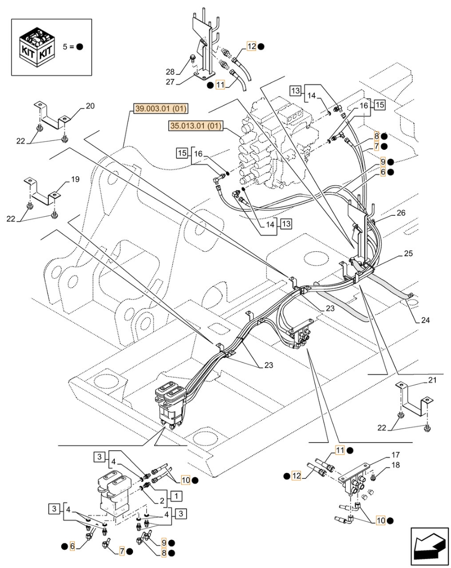 Case CX130C LC installation diagram showing hydraulic hose KHJ13810 at Pipe No. 12