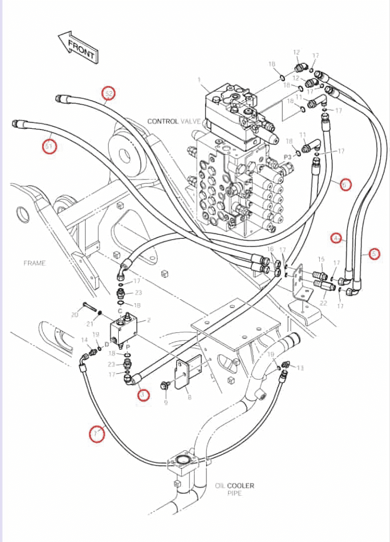 Doosan DX140LC installation diagram showing hydraulic hose DS2011292 at Pipe No. 52