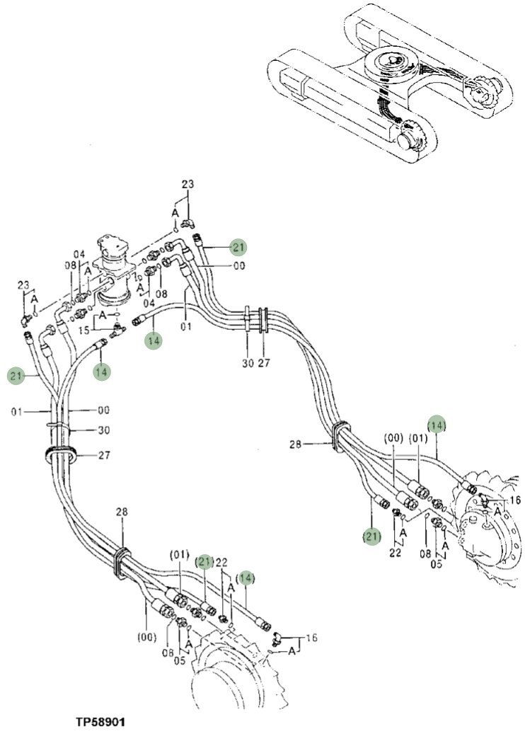 Hitachi EX110-5 installation diagram showing hydraulic hose 4262930 at Pipe No. 14