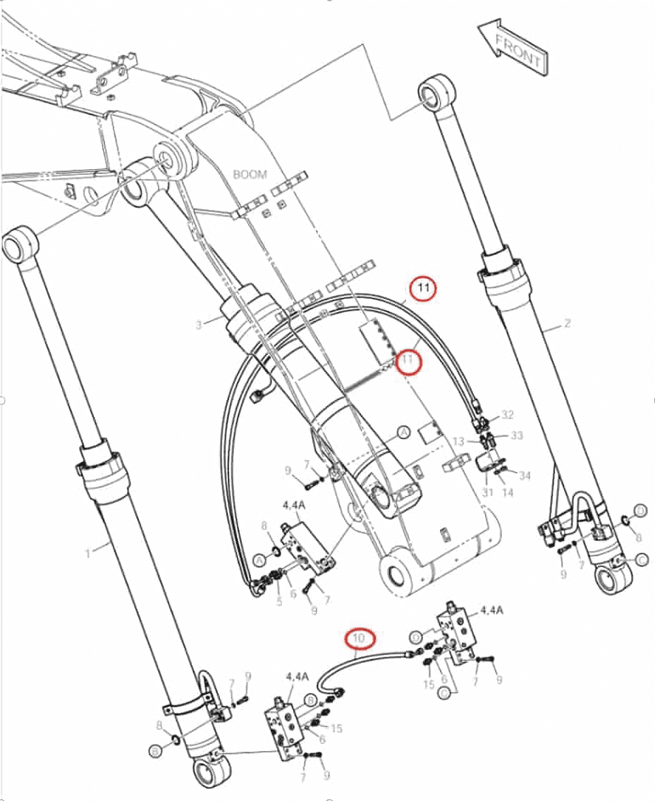 Doosan DX140LC installation diagram showing hydraulic hose 2184-1046D216 at Pipe No. 11