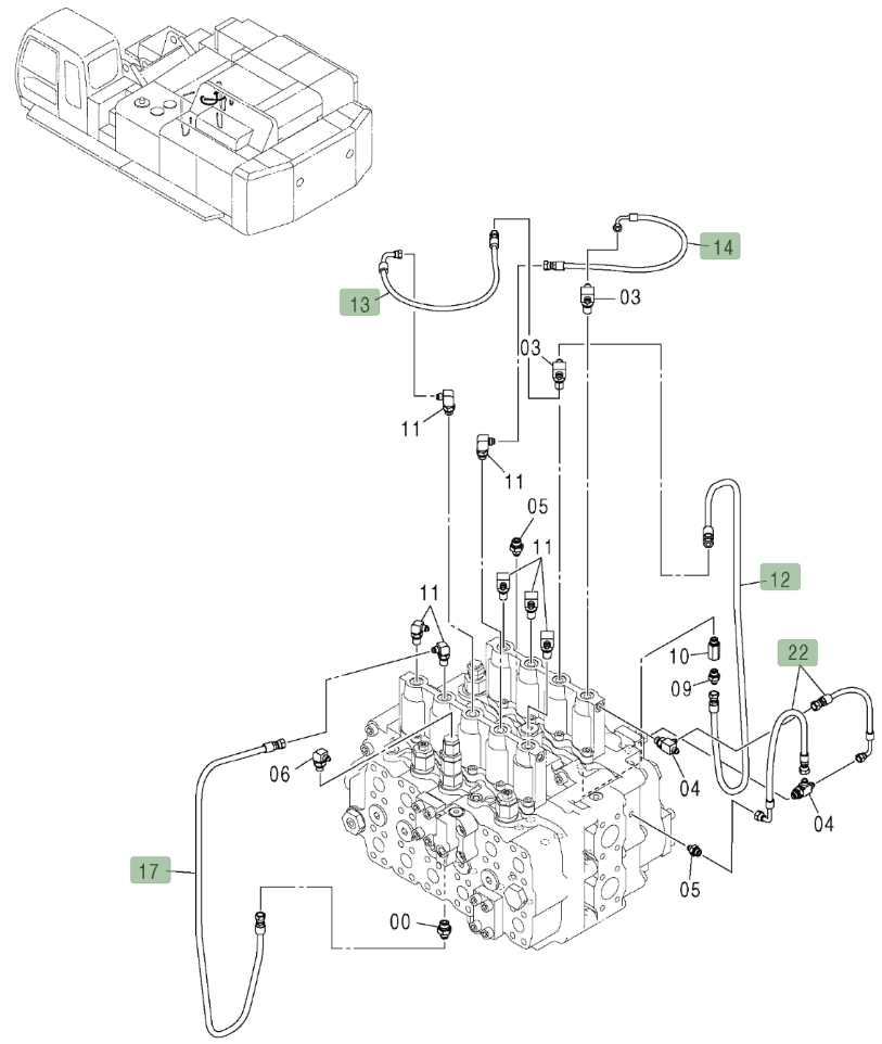 Hitachi ZX800 installation diagram showing hydraulic hose 4452734 at Pipe No. 22