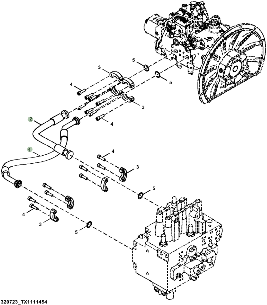 Hitachi ZX130-5N installation diagram showing hydraulic hose 4721464 at Pipe No. 2